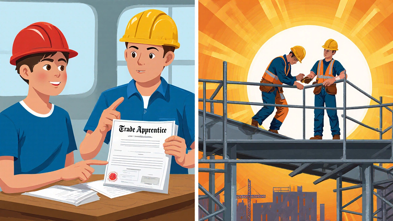 Apprentice learning in a classroom and then on a construction site with a mentor.