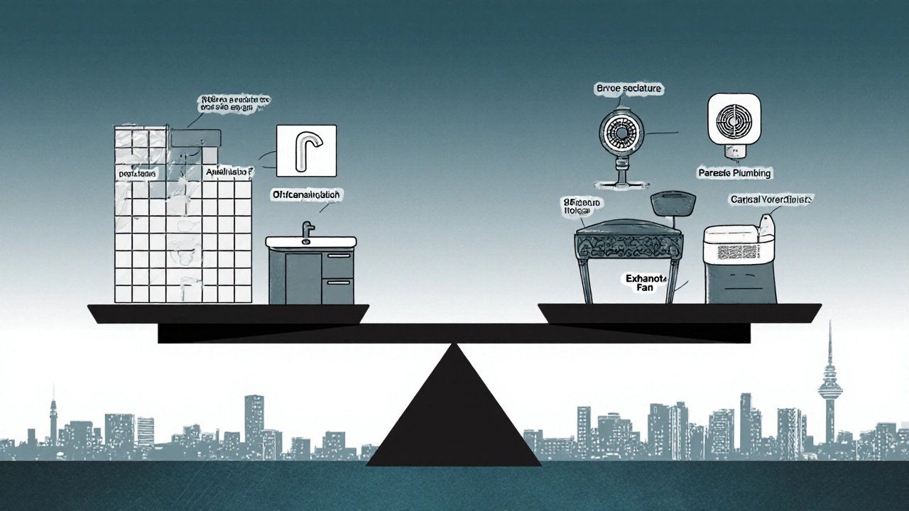 Balanced scale showing budget-friendly and essential renovation elements for a ,000 bathroom project.