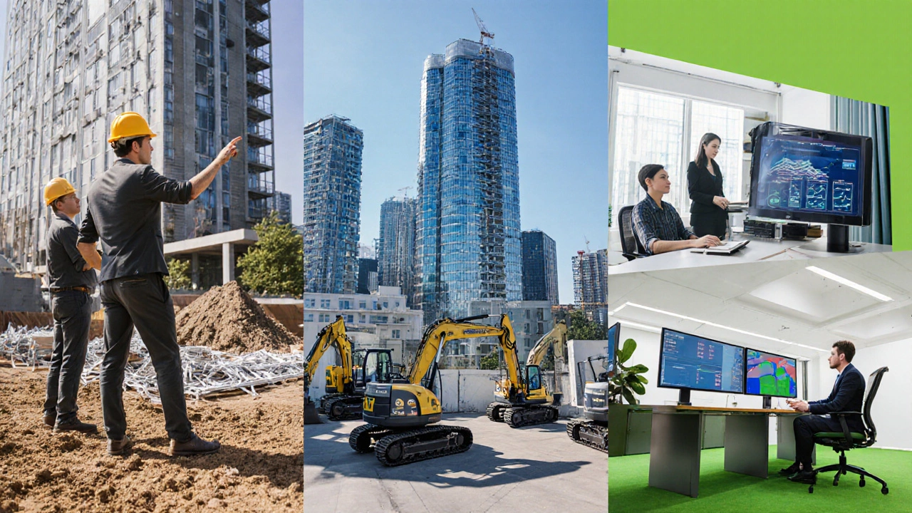 Collage of five construction wealth paths: contracting, development, equipment leasing, modular factory, management office.