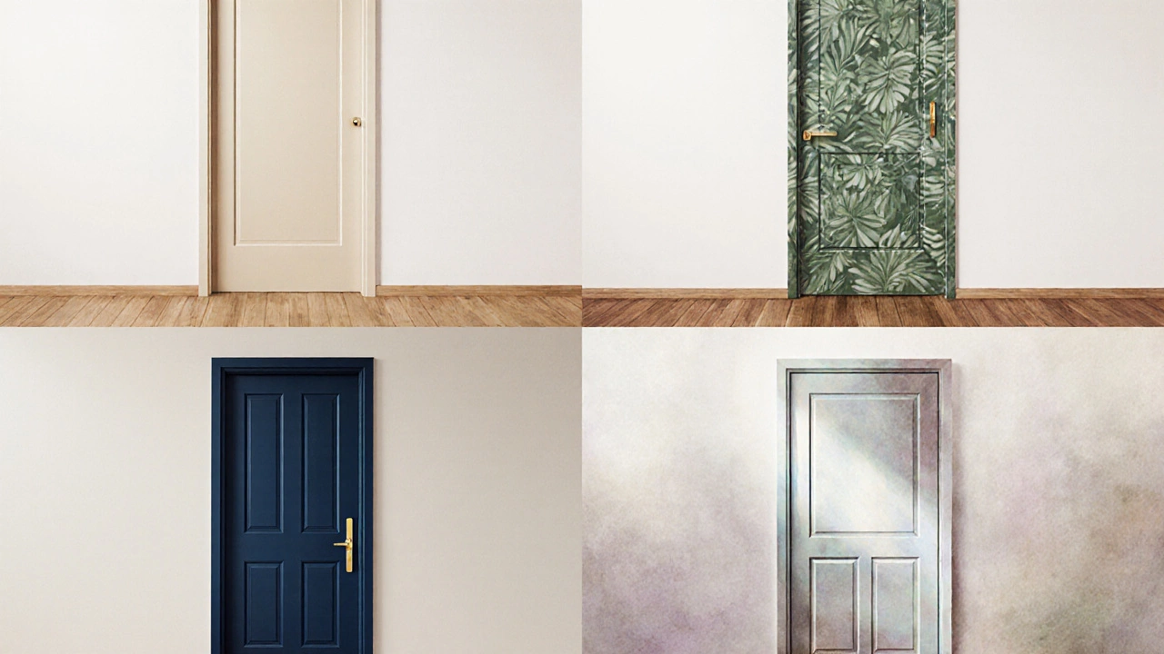 Collage of four door color trends: beige, sage‑green, navy, and metallic finishes with matching hardware.