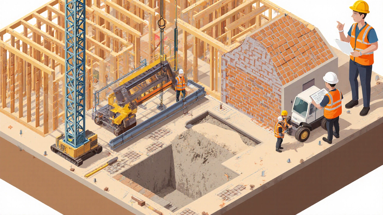 Construction site with cranes, workers, and an inspector reviewing framing.