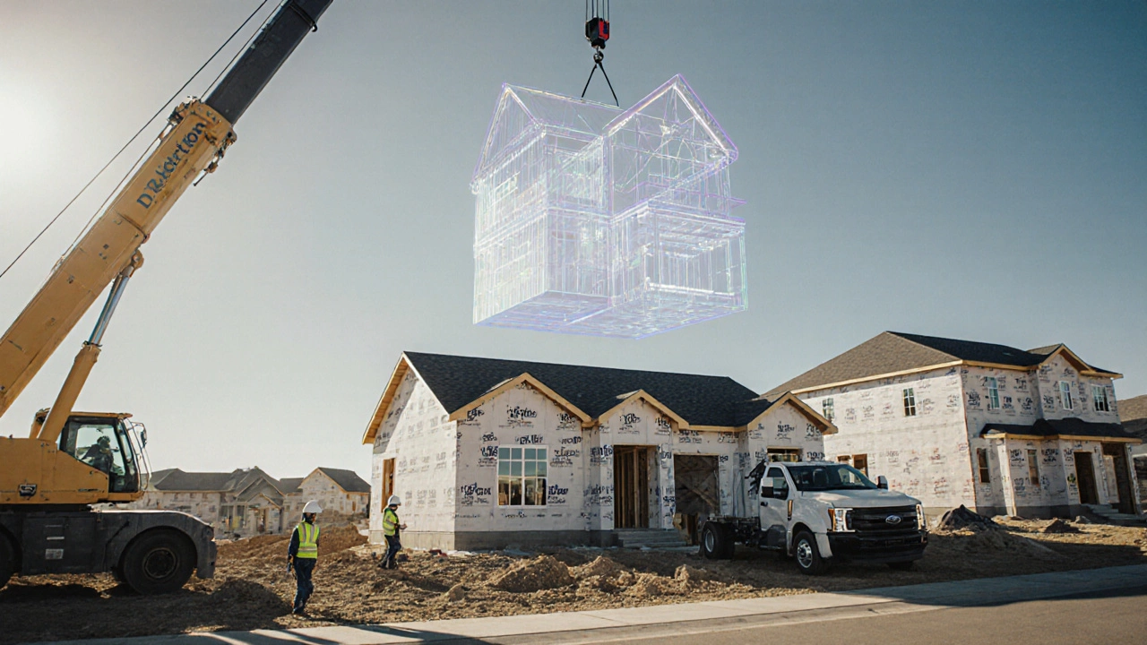 Construction site with multiple homes, workers, a crane, and a holographic 3D house model in daylight.