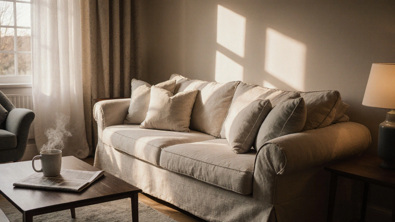 Cozy living room with a sofa fitted with fresh cushions and a new slipcover.