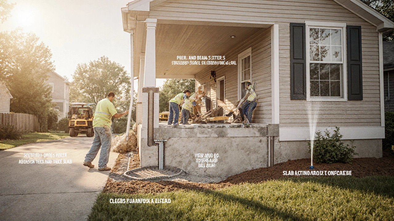 Cross‑section of a home illustrating underpinning, pier‑and‑beam and slabjacking repairs with surrounding drainage.