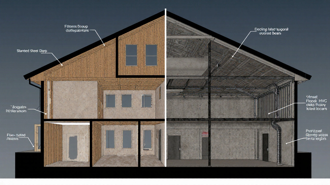 Cross-section view showing wood framing in a home versus steel beams and concrete floors in a commercial building.