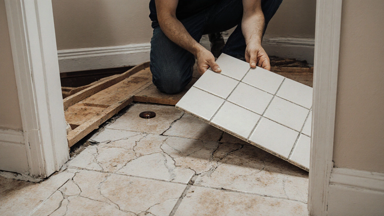Damaged floor being removed after being installed before walls, with mismatched tiles and water damage.