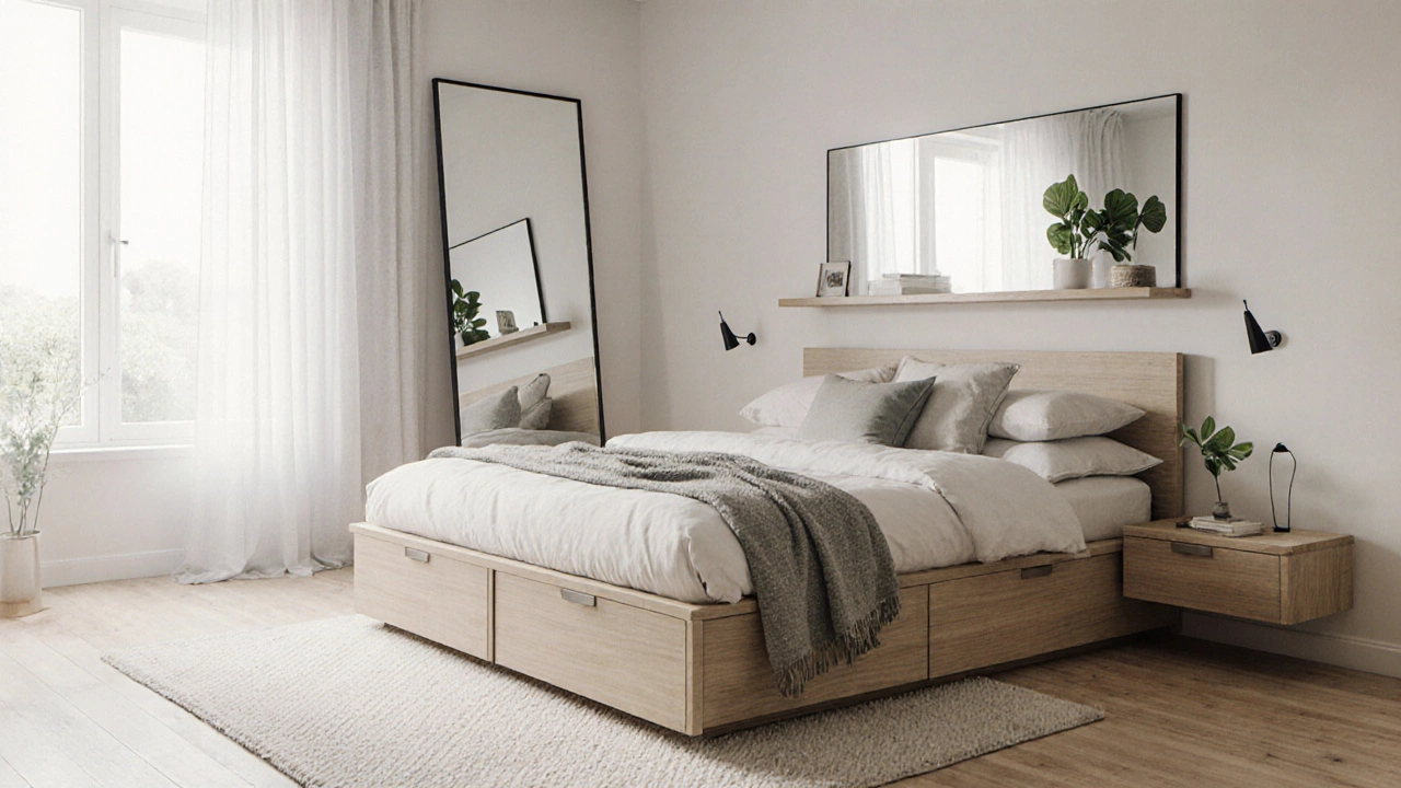 Daytime view of the bedroom with a full‑length mirror, platform bed with drawers, sheer curtains, rug, and a plant.