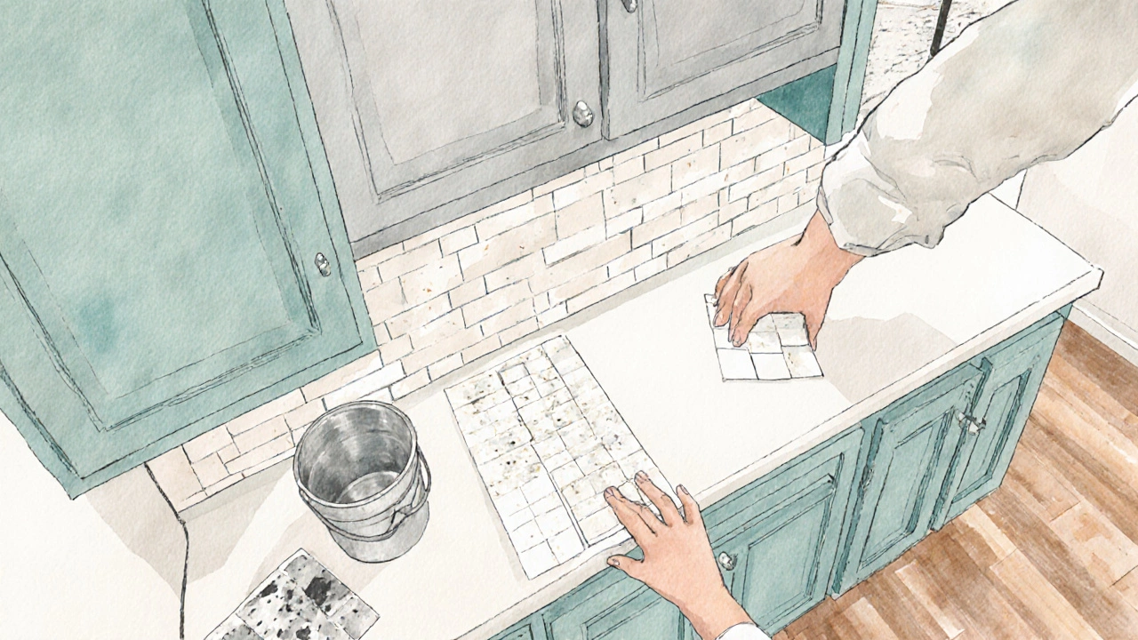 DIY homeowner applying white subway tiles to a kitchen backsplash with quartz sample nearby.