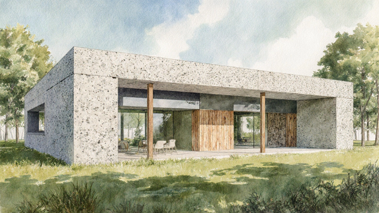 Eco‑friendly building constructed with recycled and bio‑based materials surrounded by greenery.