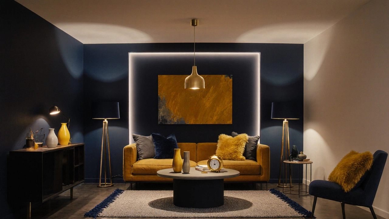 Evening scene of a living room with recessed ceiling light, floor lamps, golden pendant, and accent lighting.