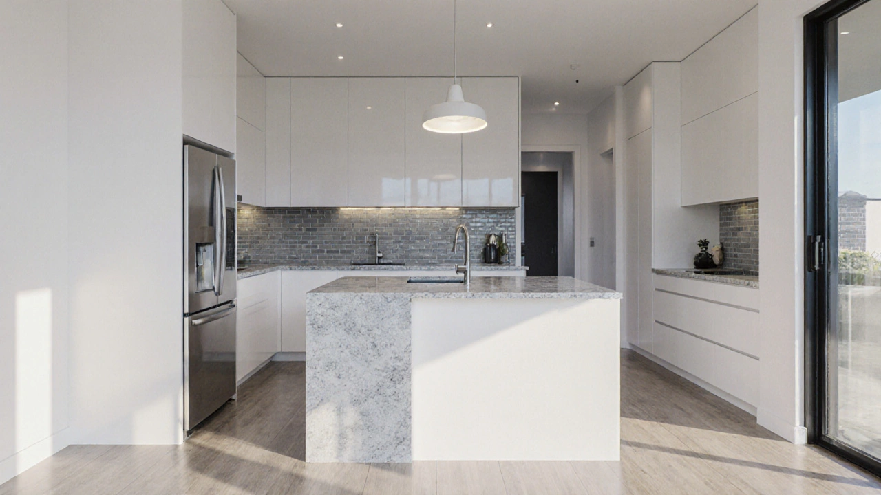 Finished modern kitchen with white cabinets, quartz countertop, vinyl floor, and pendant lighting.