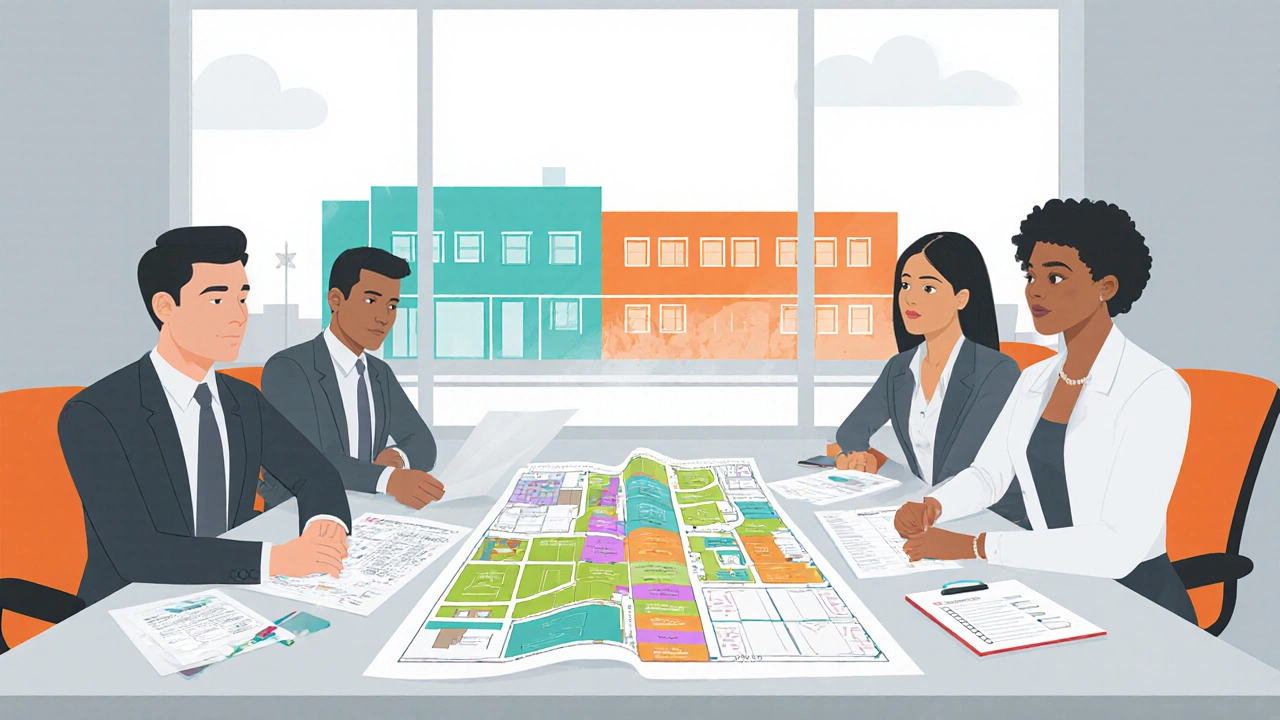 Flat illustration of planners reviewing school plans, zoning map and insurance documents.