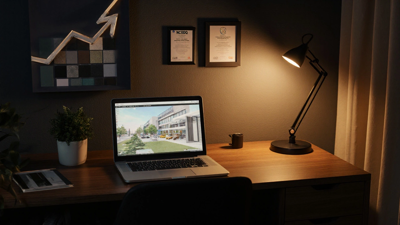 Freelance interior designer showcases certifications and sustainable projects, symbolizing career growth.