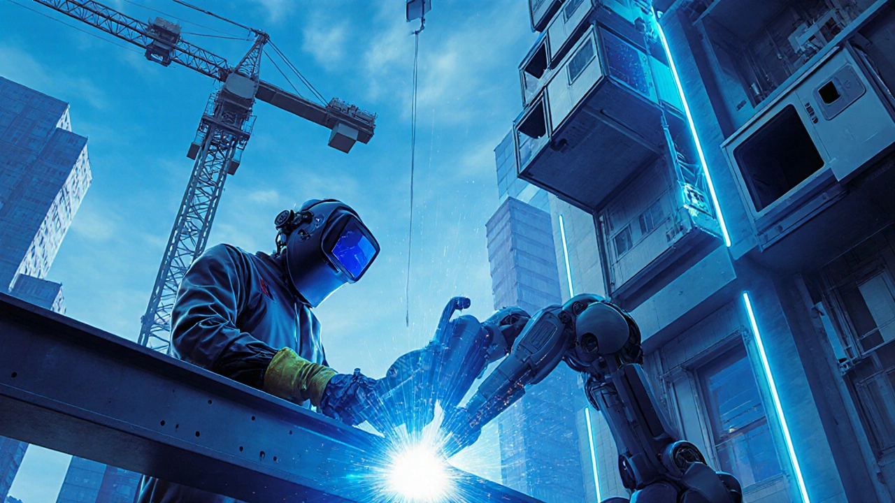 Futuristic construction scene with robot‑assisted welding and modular building technology.