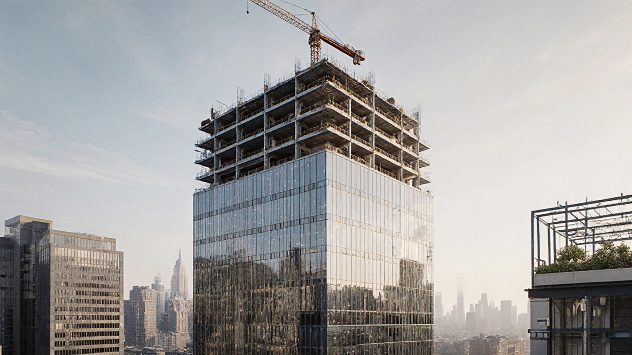 Half‑built commercial office tower with glass walls and crane against city skyline.