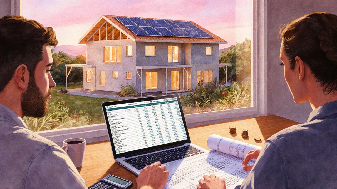 Homeowner and builder reviewing a budget at a table while a partially built house with solar panels is visible outside.