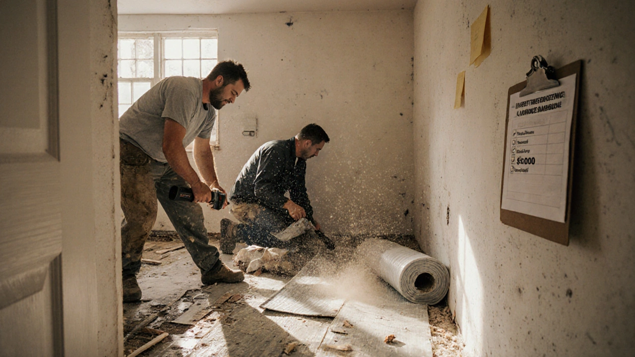 Homeowner demolishing old bathroom tiles with jackhammer, professional plumber working in background.