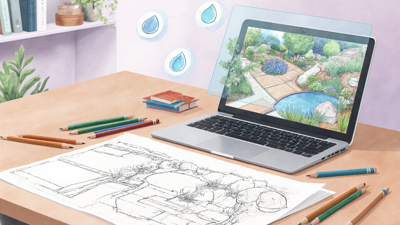 Illustration of a designer’s workspace with sketches and digital garden plans.