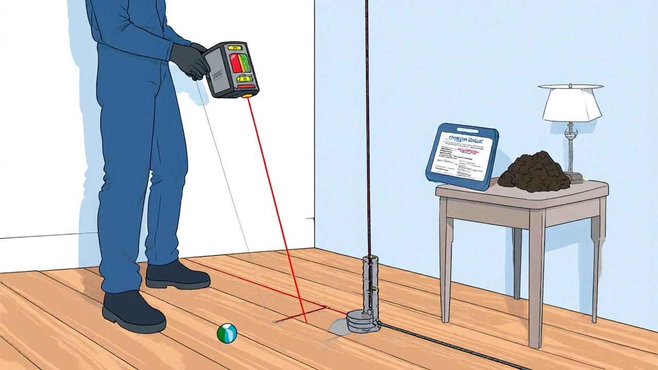 Inspector using a laser level on a floor, a plumb line from the ceiling, and examining a borehole sample.