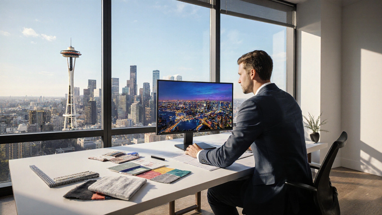 Interior designer in a Seattle office reviewing a 3D rendering with the city skyline visible.