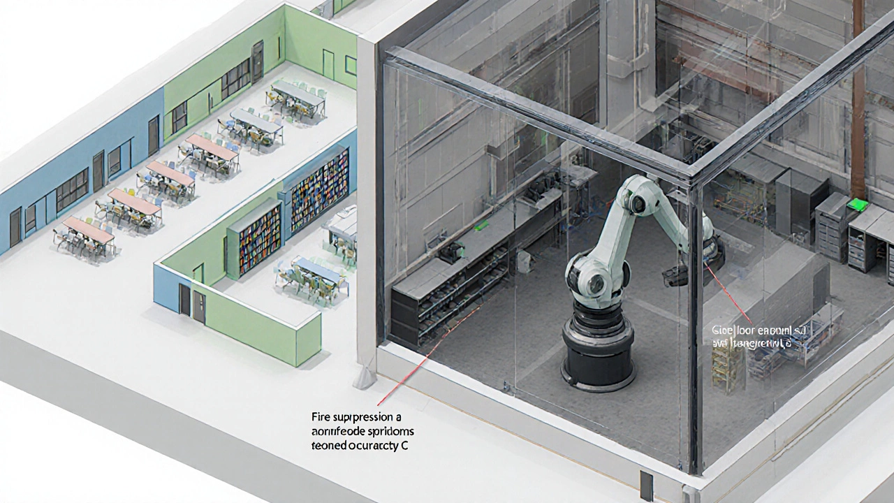 Isometric split view of a school showing classrooms and a heavy‑equipment robotics workshop.