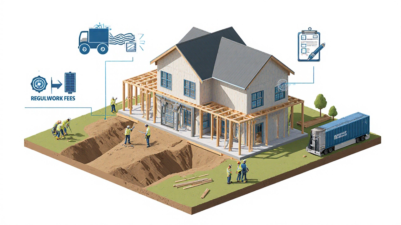 Isometric view of a house construction site showing land, foundation, framing, workers and icons for fees and green upgrades.