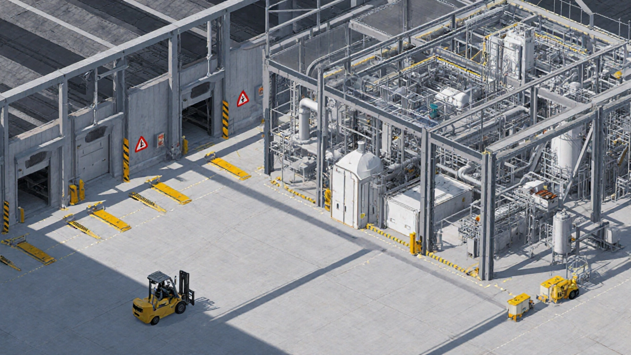 Isometric view of a steel‑frame warehouse with loading docks and processing equipment.