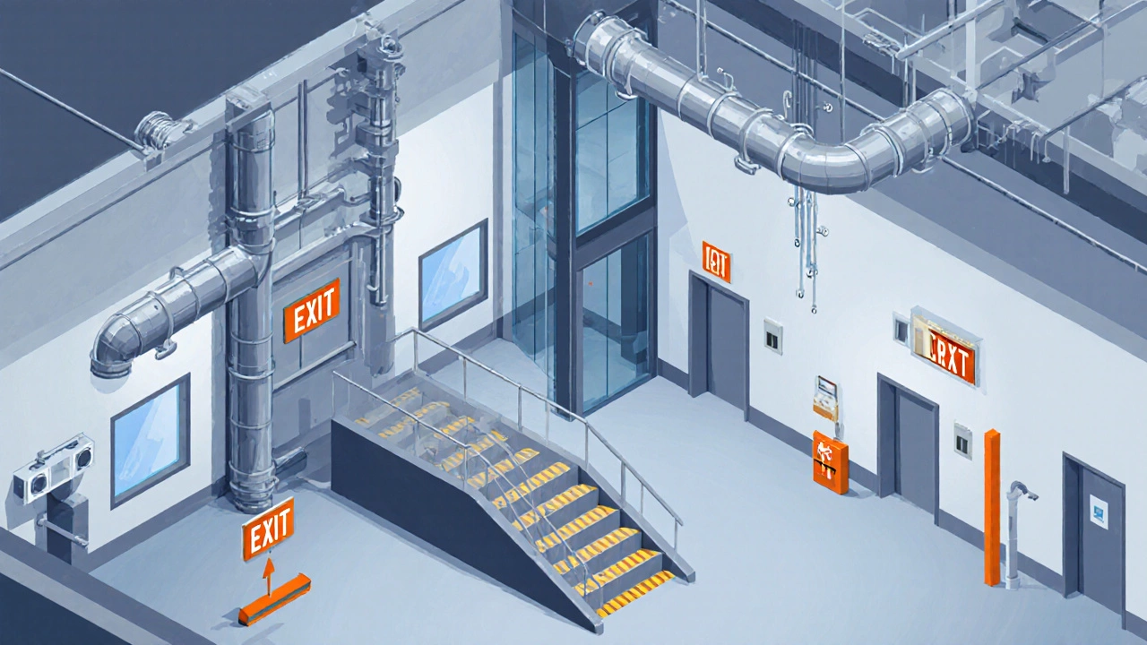 Isometric view of commercial interior with high ceilings, HVAC, sprinklers, and accessibility ramp.