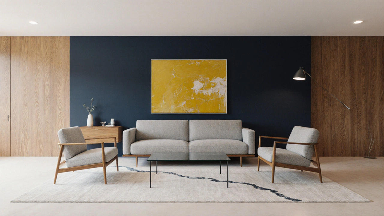 Mid‑century modern layout featuring a floating sofa facing a navy accent wall with mustard artwork.