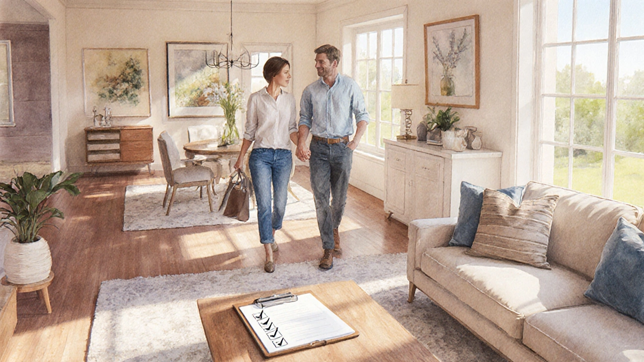 Model home interior with a buyer and builder reviewing features, clipboard with checks, and warranty booklet.