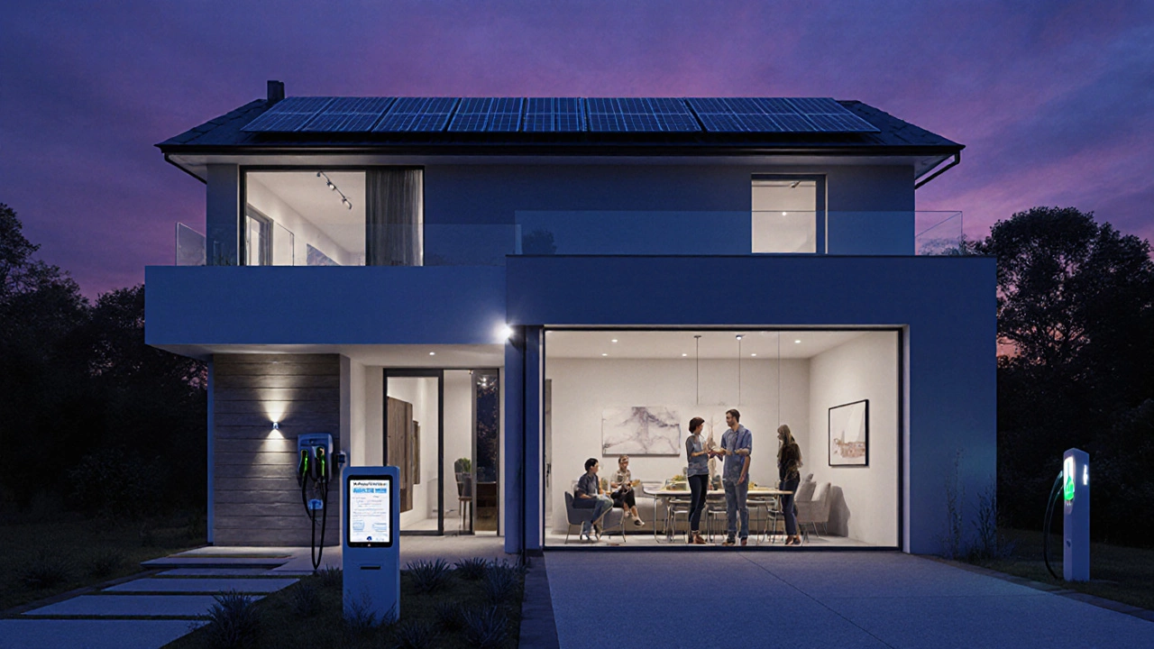 Modern finished home at dusk featuring solar panels, EV charger, and family inside.