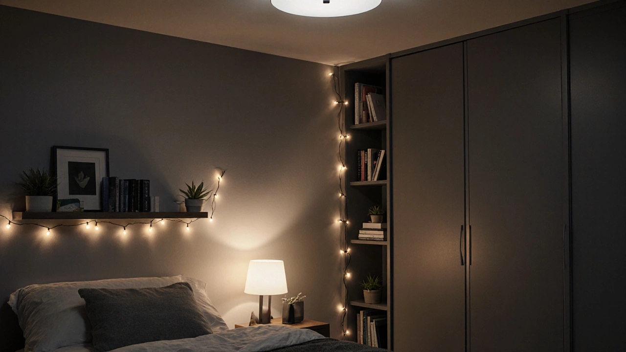 Night scene showing layered lighting, wall lamp, LED string lights on a tall bookshelf, and a narrow wardrobe.