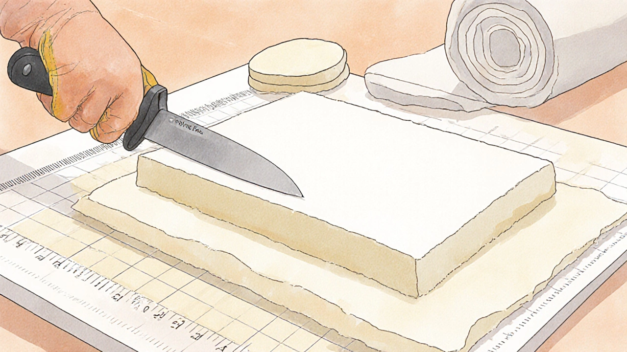 Person cutting memory foam and assembling foam and batting layers on a workbench.