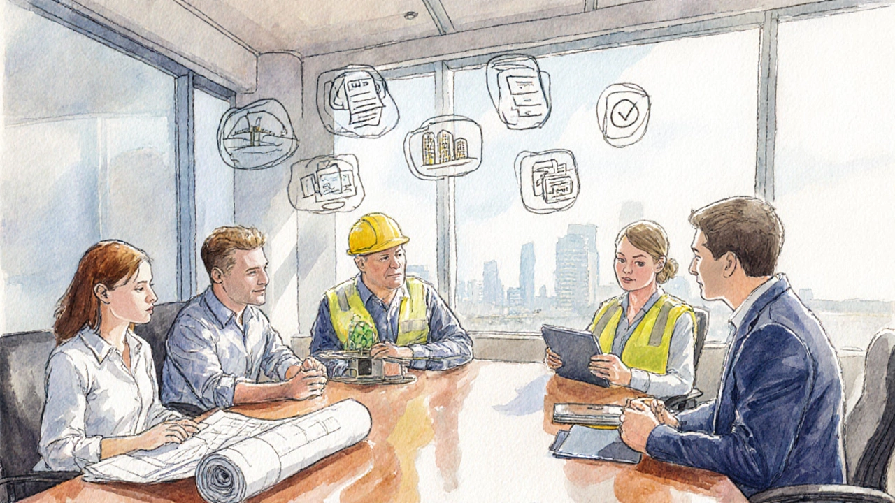 Planning meeting with engineers and developers around a table, sunlight streaming in.