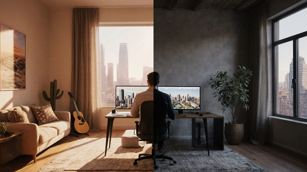 Remote designer at a home studio split between an Austin room and a New York loft, working on a design project.