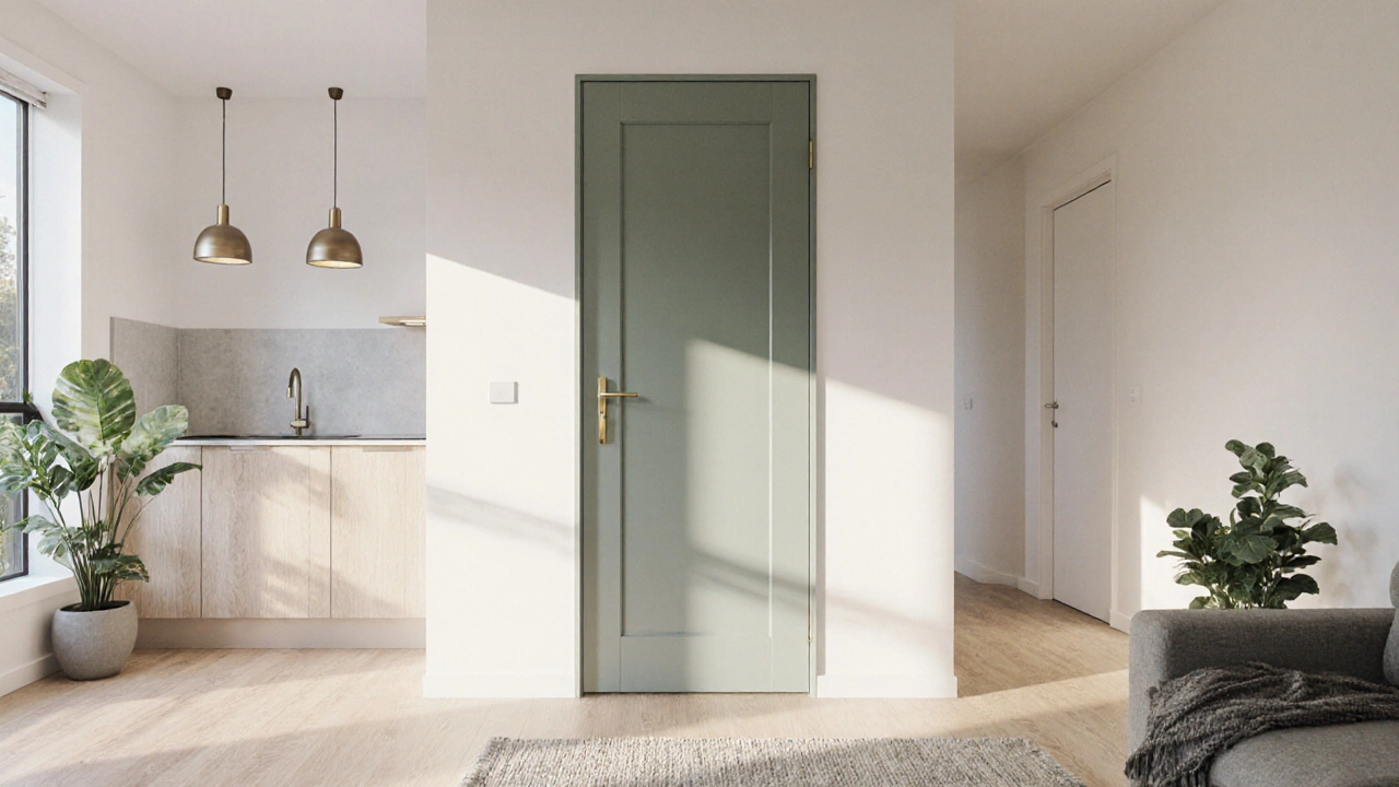 Sage‑green satin pantry door with brass handle in an open‑plan Auckland apartment.
