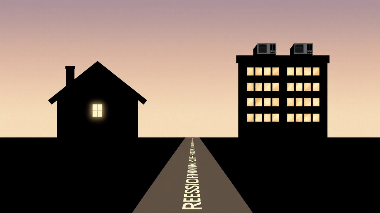 Silhouettes of a small home and tall commercial building at dusk, connected by paths labeled Residential and Commercial.