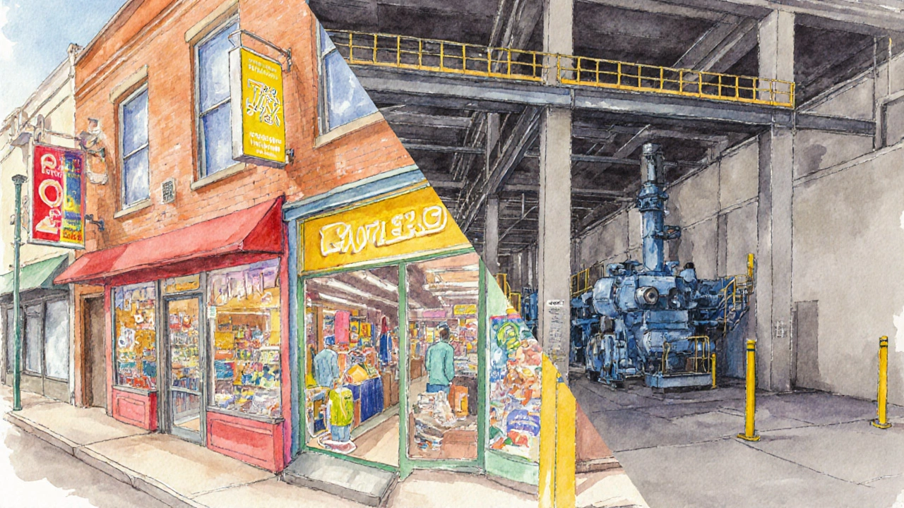 Split watercolor scene showing a bright retail store beside a utilitarian factory.