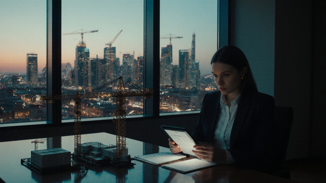 Successful construction entrepreneur reviewing finances in a loft with city skyline.