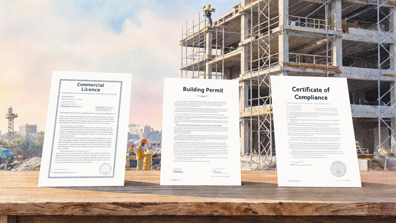Three construction documents—license, permit, compliance certificate—arranged on a table with a building site backdrop.