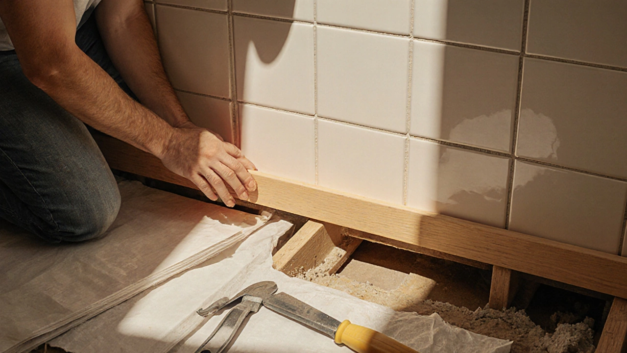 Tile installer using a wooden ledger board to set wall tiles with space left for future floor.