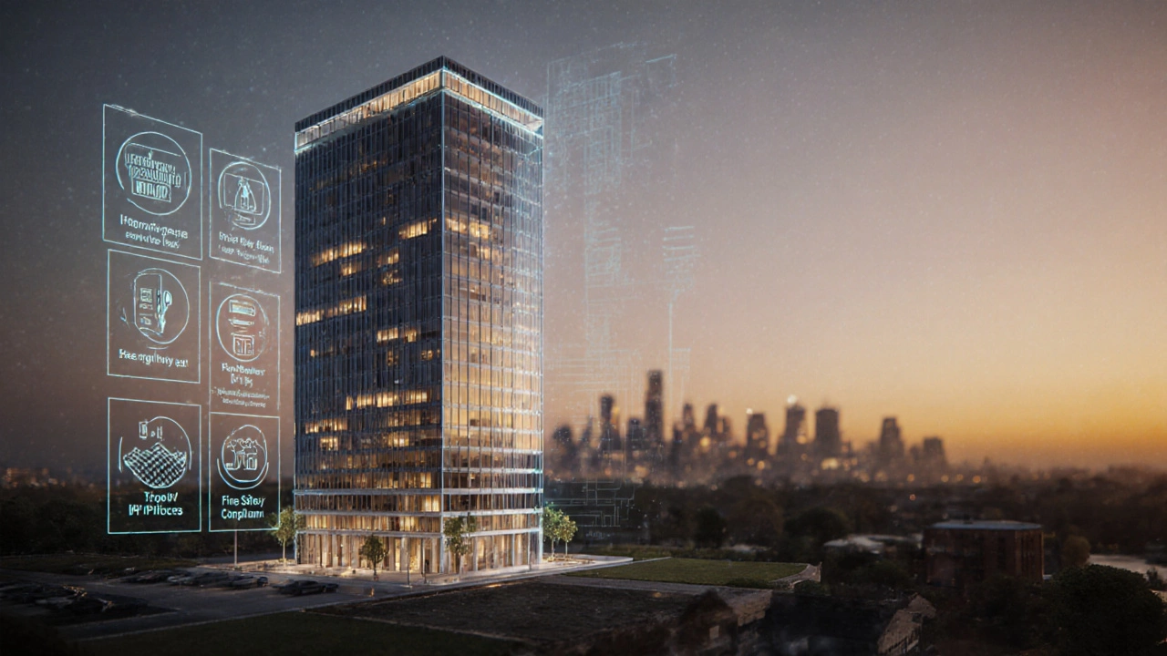 Twilight concept of a commercial tower model with holographic icons for FAR and lease.