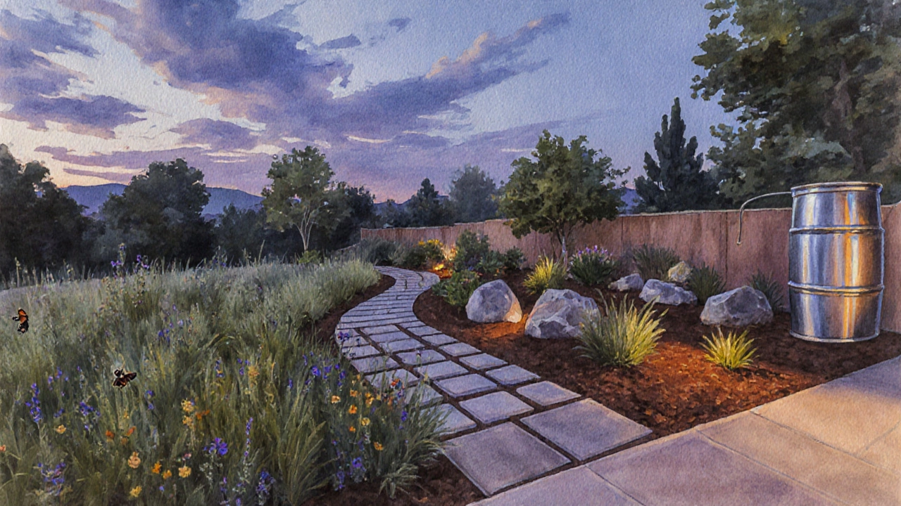 Watercolor scene of an eco‑friendly backyard with native plants and rain barrel.