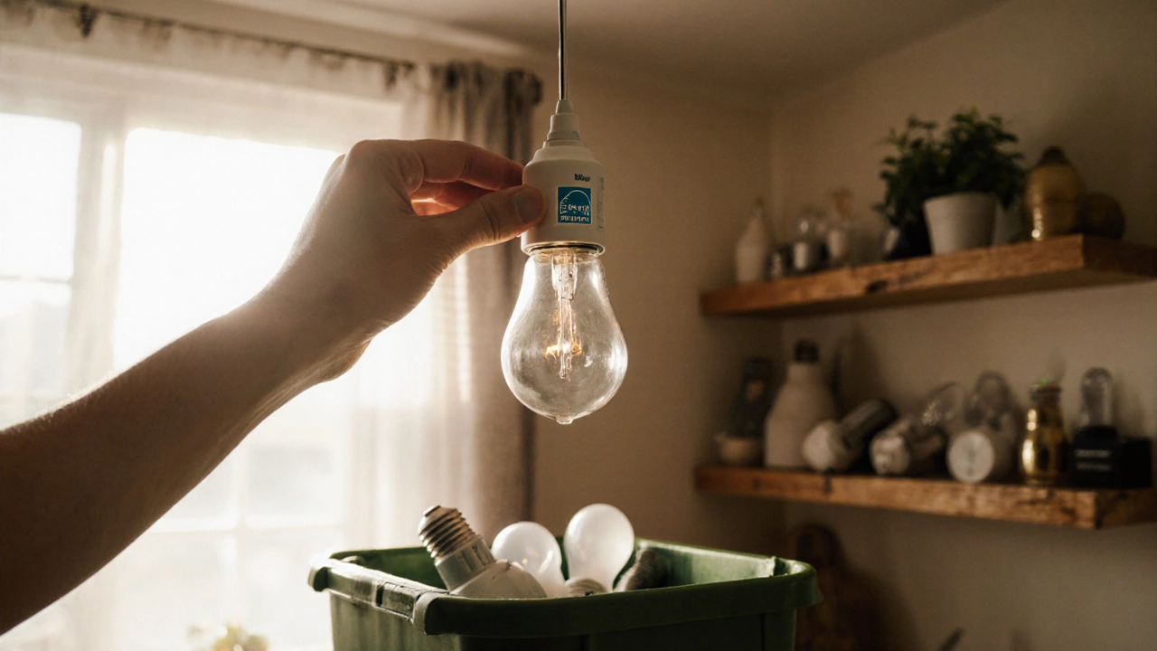 A hand replacing an old light bulb with an LED bulb in a home ceiling fixture.