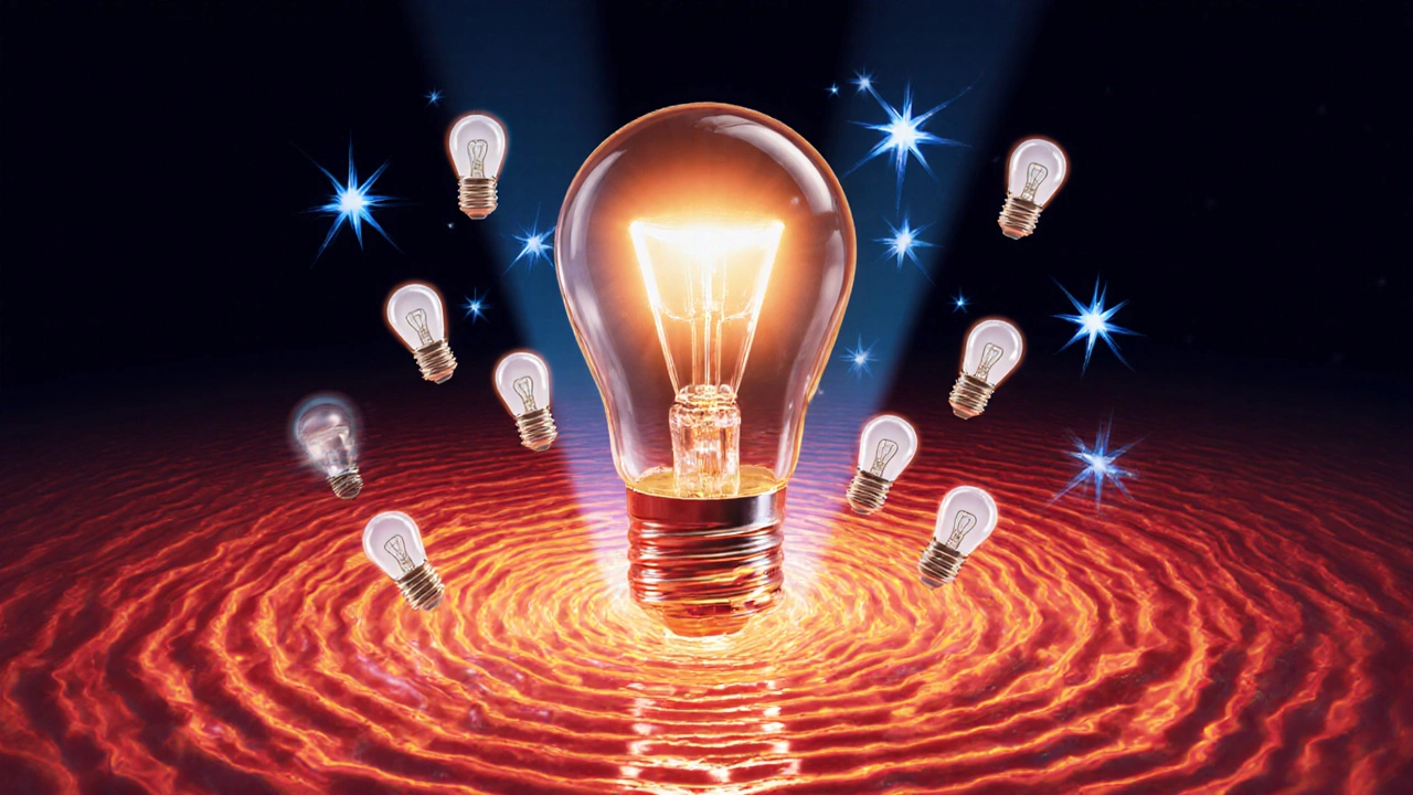 A melting incandescent bulb releasing heat waves while LED bulbs shine brightly above.