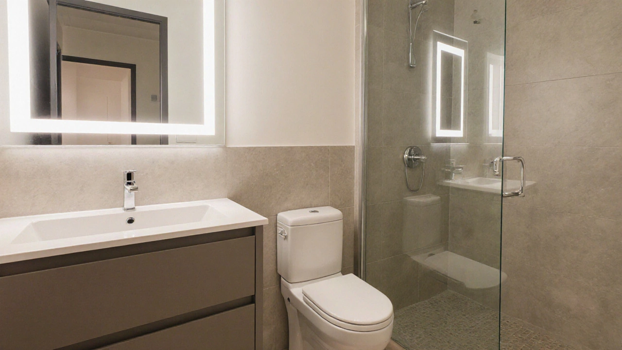 Clean, accessible bathroom with frameless shower, LED mirror, and dual-flush toilet.