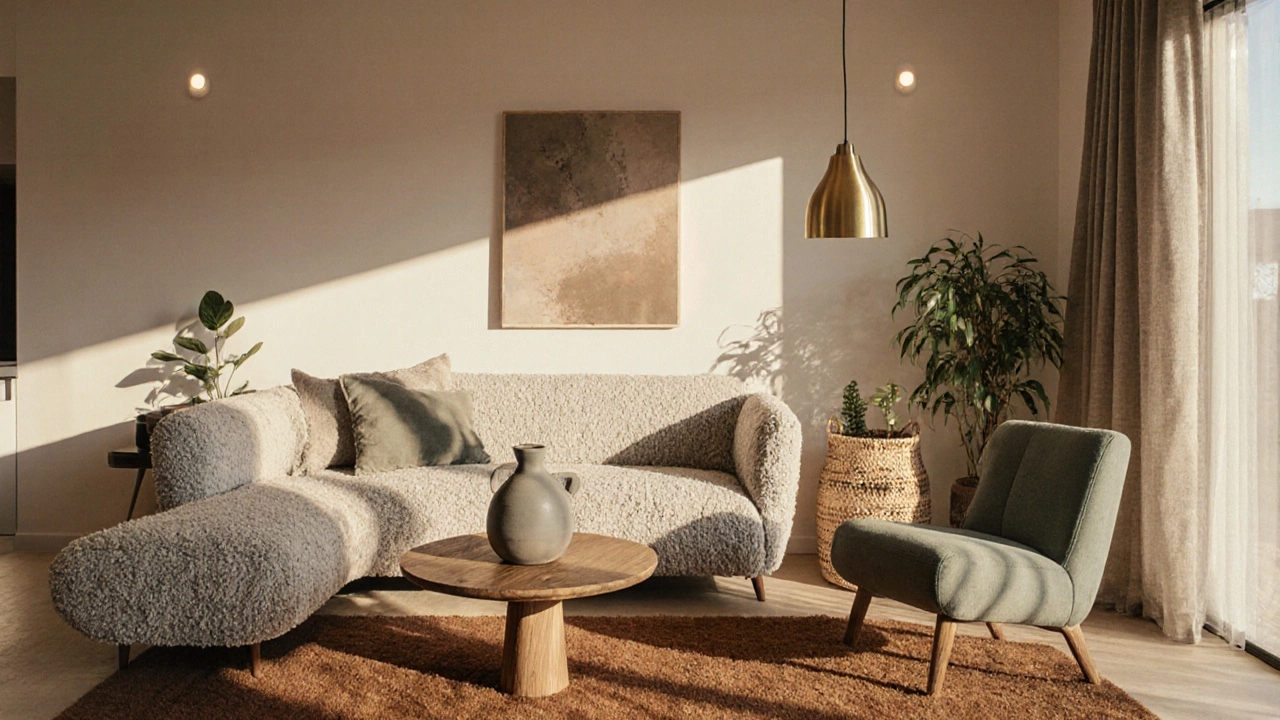 Contemporary living space with warm neutrals, textured fabrics, and layered lighting in a 2025 home.