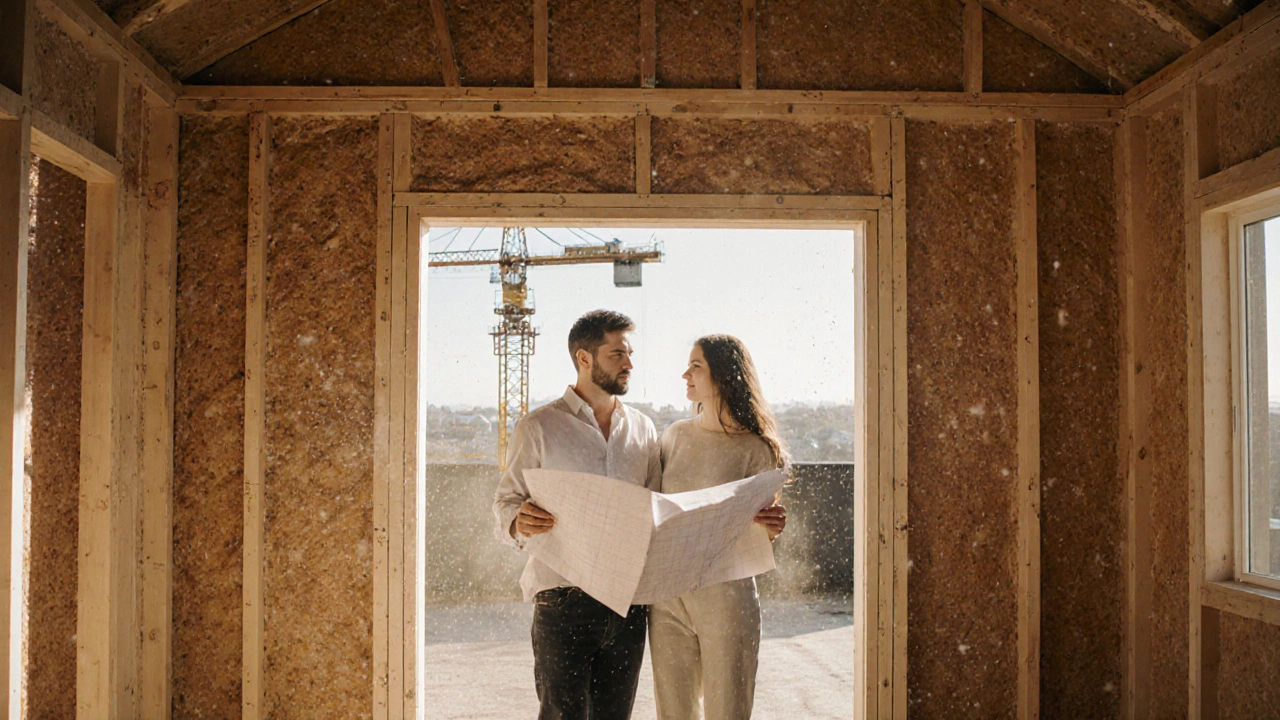 Couple holding blueprints in a half-built house, exposed studs and construction crane in background.