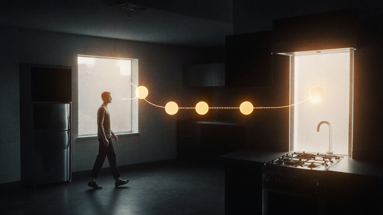 Golden path connecting fridge, sink, and stove in ideal kitchen workflow layout.