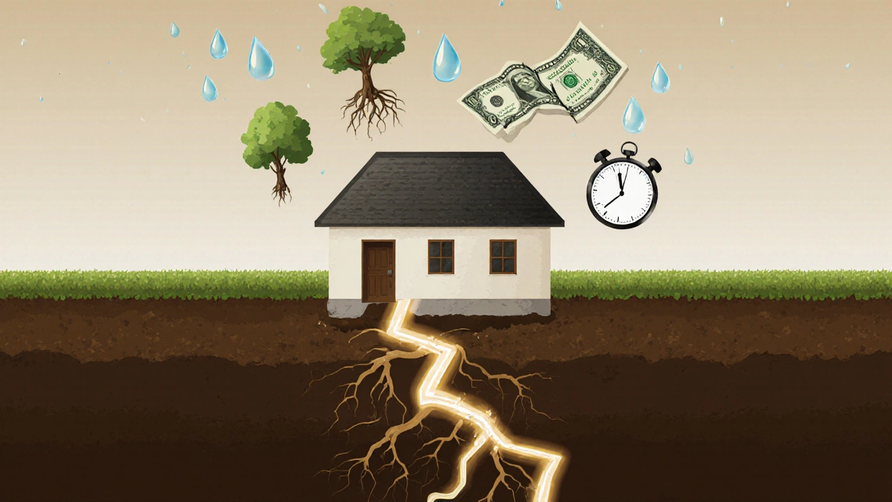 House foundation splitting with symbols of water, roots, money loss, and time.